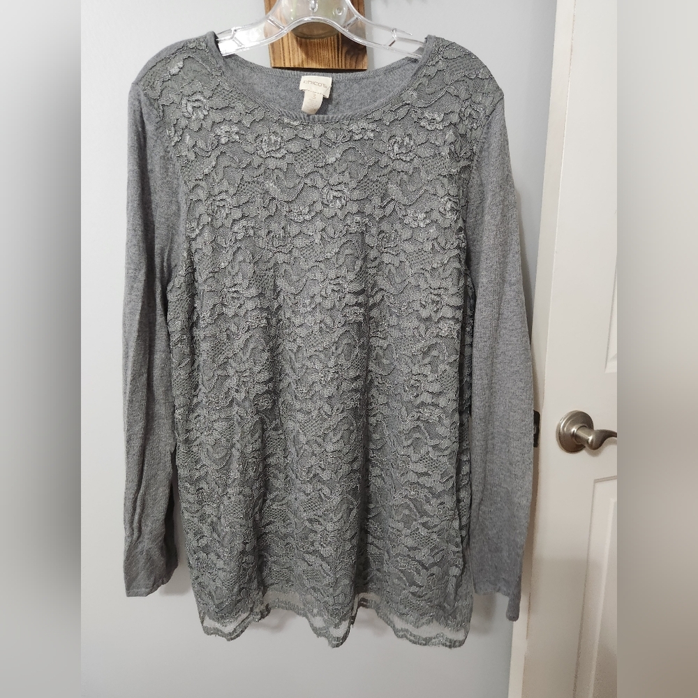 4 For $40 CHICO'S LACE FRONT LILY PULLOVER L/S SWEATER COLOR HEATHER GRAY SIZE 3